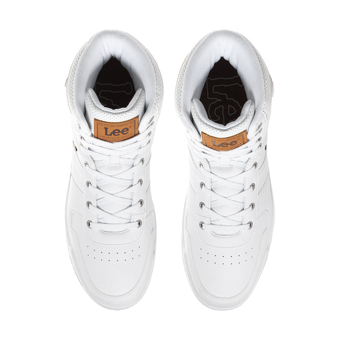 Men's white high-top sneakers, front view with padded collar and Lee tongue patch