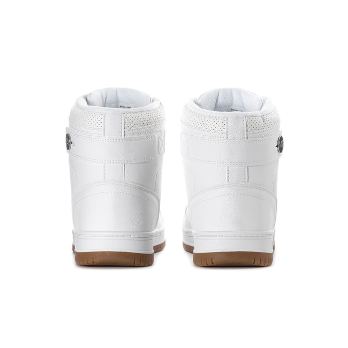Men's white high-top sneakers, rear view with gum heel and padded collar