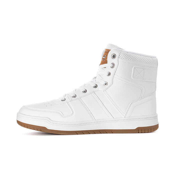 Men's white high-top sneakers, angled side view with lace eyelets and Lee branding