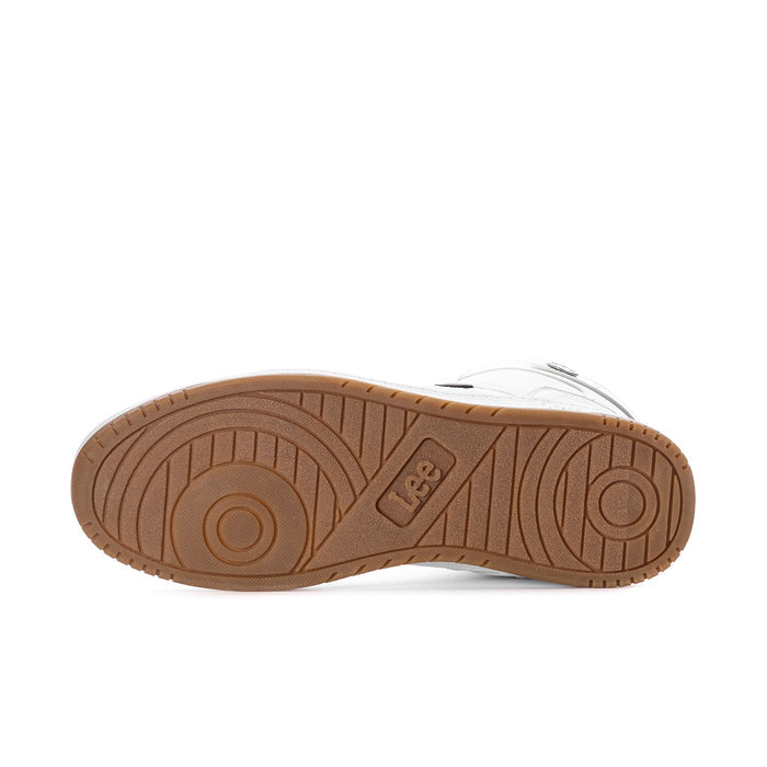 Men's white high-top sneakers with brown gum outsole tread and Lee logo