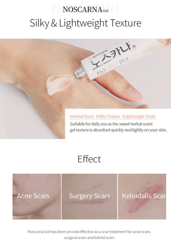 Noscarna gel being applied to skin with product packaging, showing effects on scars.