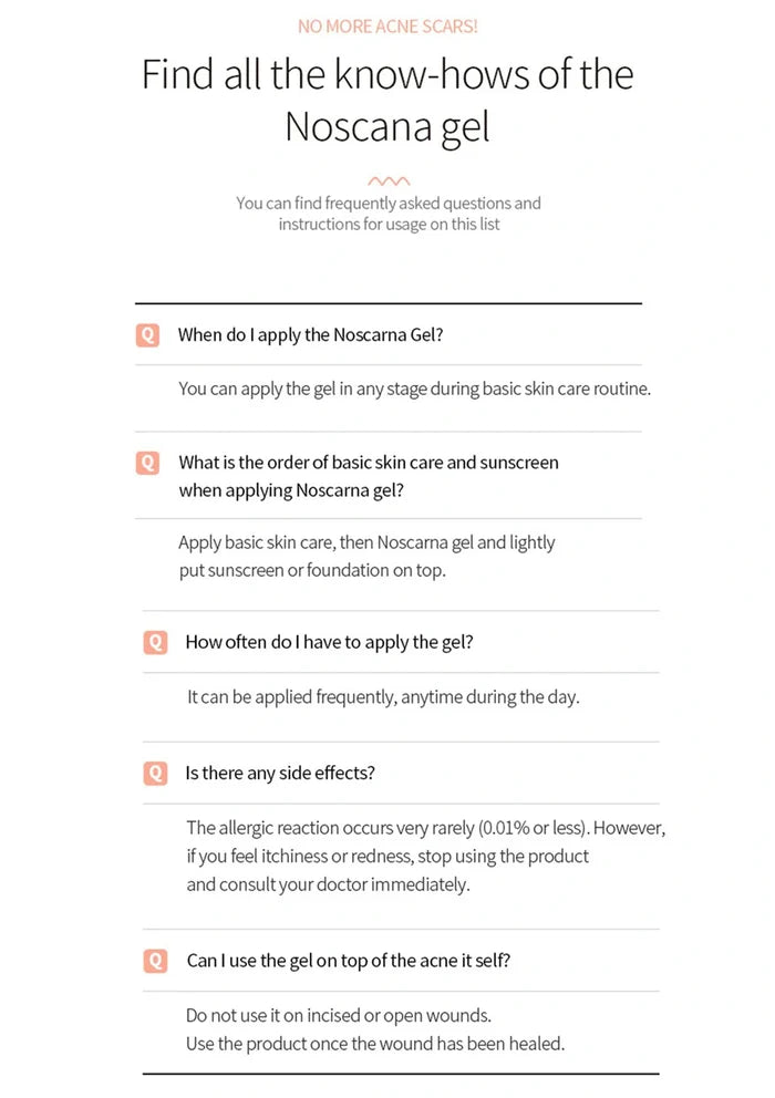 FAQ list about Noscana gel on a white background