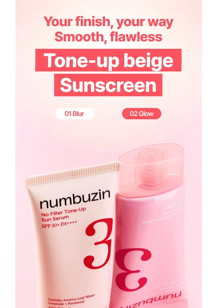 Tone-up beige sunscreen with 'numbuzin' branding on a pink background
