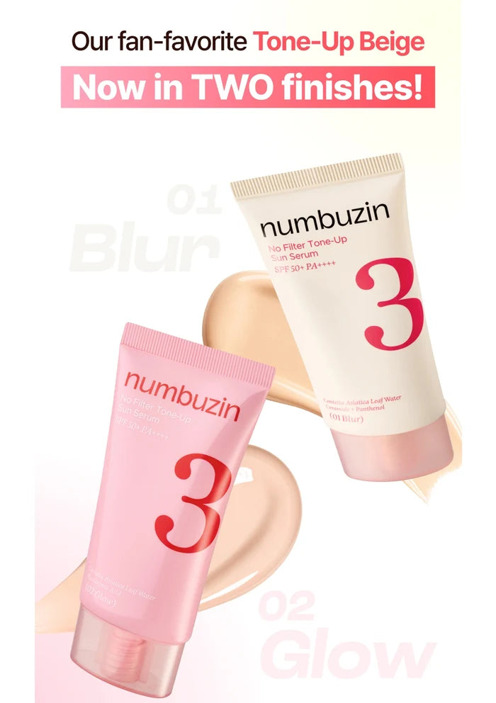 Two tubes of numbuzin skincare product with text about tone-up beige finishes on a white background.