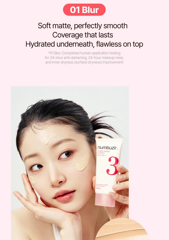 Woman holding a skincare product with text about soft matte finish and smooth coverage.
