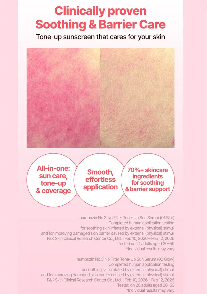 Advertisement for a sunscreen with text about soothing and barrier care on a pink background.