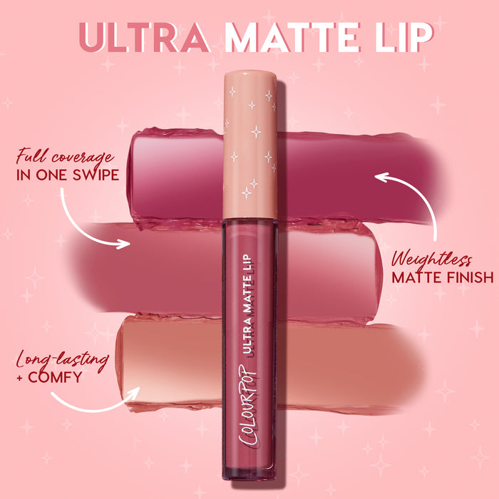 ColourPop Ultra Matte Lip in Off The Record stands upright with three lipstick swatches behind, demonstrating full coverage in one swipe and a weightless, long‑lasting matte finish on a pink backdrop, highlighting packaging and texture.