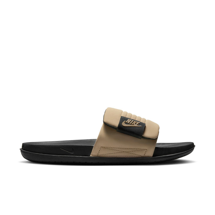Men's slide sandals with tan upper straps and black molded sole