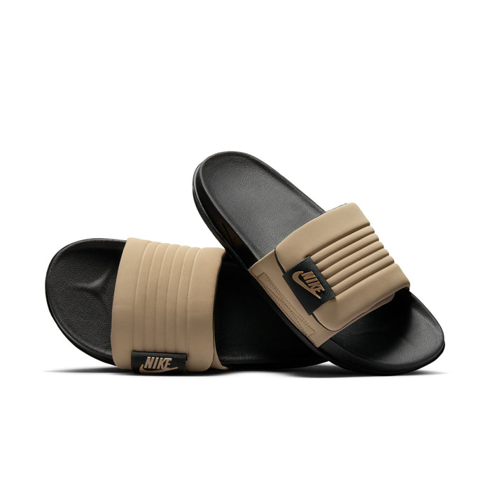 Men's slide sandals, tan ribbed straps over black footbeds with Nike branding