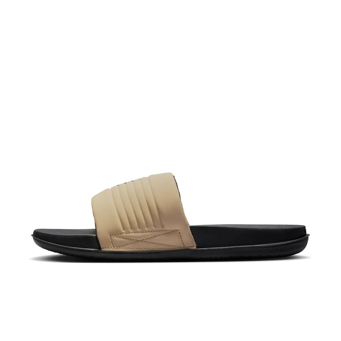 Men's tan slide sandals with cushioned strap and black rubber outsole
