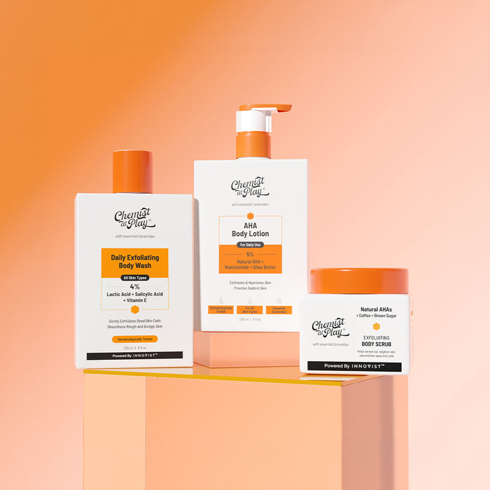 Oh-so-smooth Trio | Exfoliating Body Scrub - 75 gm & Body Wash - 236 ml | AHA Body Lotion - 236 ml