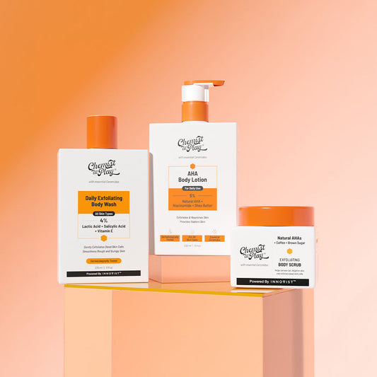 Oh-so-smooth Trio | Exfoliating Body Scrub - 75 gm & Body Wash - 236 ml | AHA Body Lotion - 236 ml
