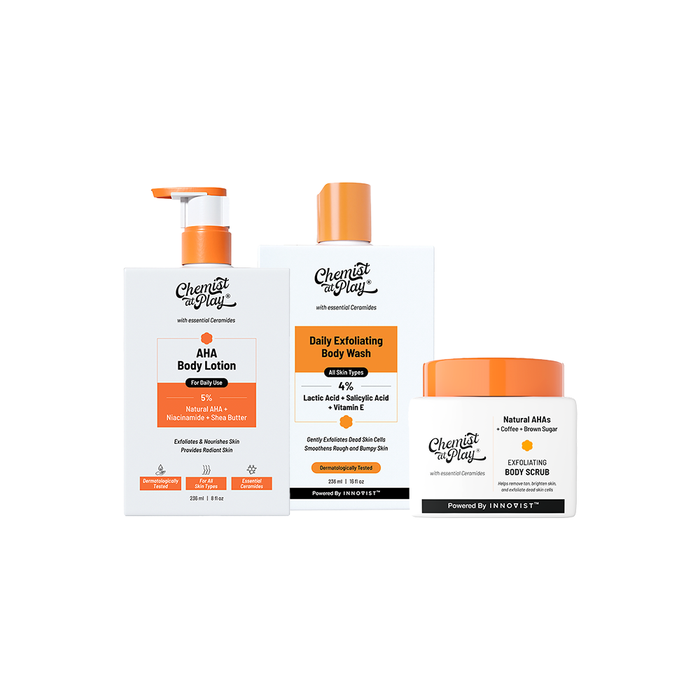 Oh-so-smooth Trio | Exfoliating Body Scrub - 75 gm & Body Wash - 236 ml | AHA Body Lotion - 236 ml
