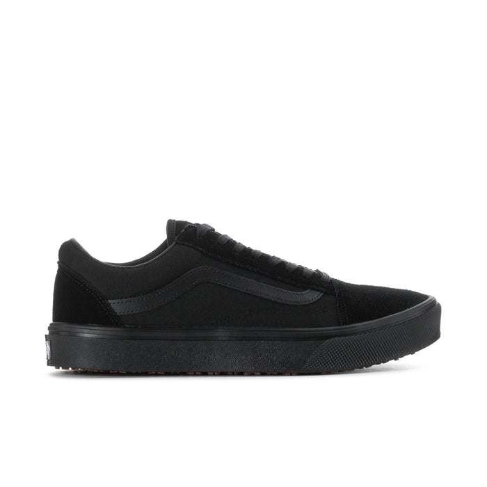 Men's black low-top slip-resistant sneaker with lace-up closure and gum sole