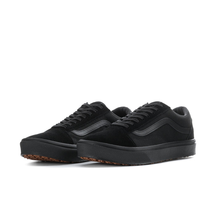 Men's black lace-up low-top sneaker, side view, with textured gum outsole