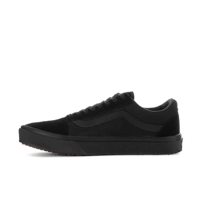 Men's black low-top sneaker, front three-quarter view, slip-resistant gum sole