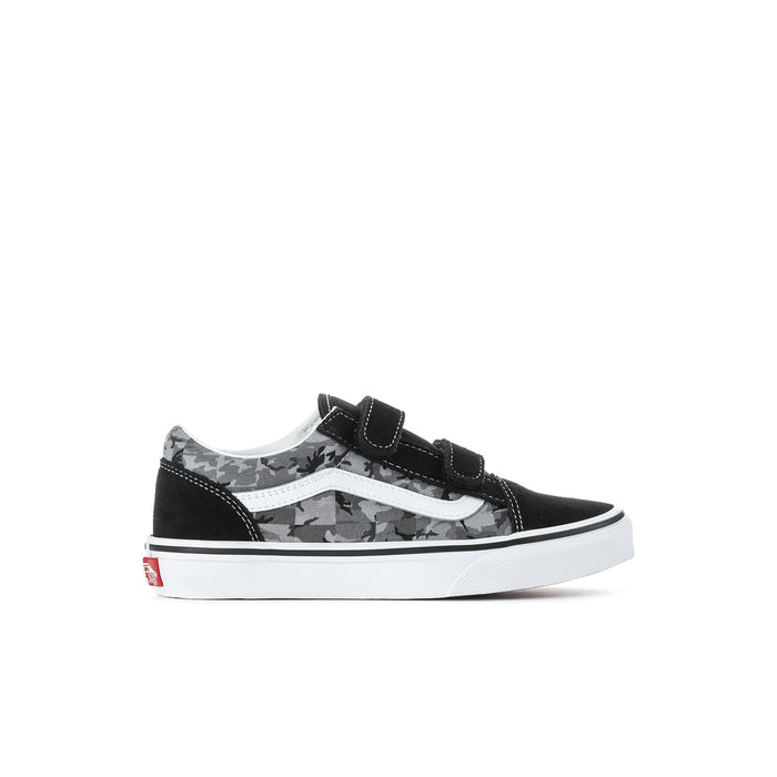 Kids black and gray camo sneakers with double straps and white side stripe