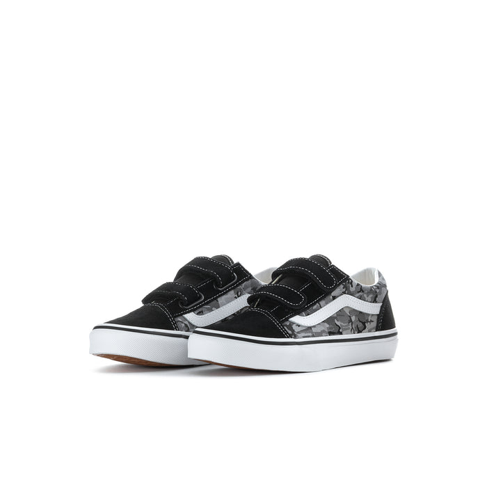 Kids black and camo sneakers with hook-and-loop straps and white sole