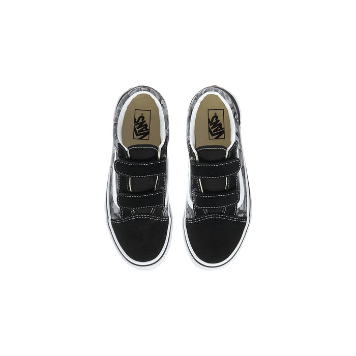 Kids black sneakers with gray camo panels, side V detail, and white rubber sole