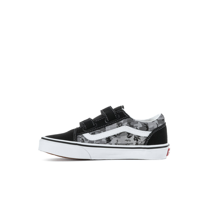 Kids black and gray camo low-top sneakers with hook-and-loop closure