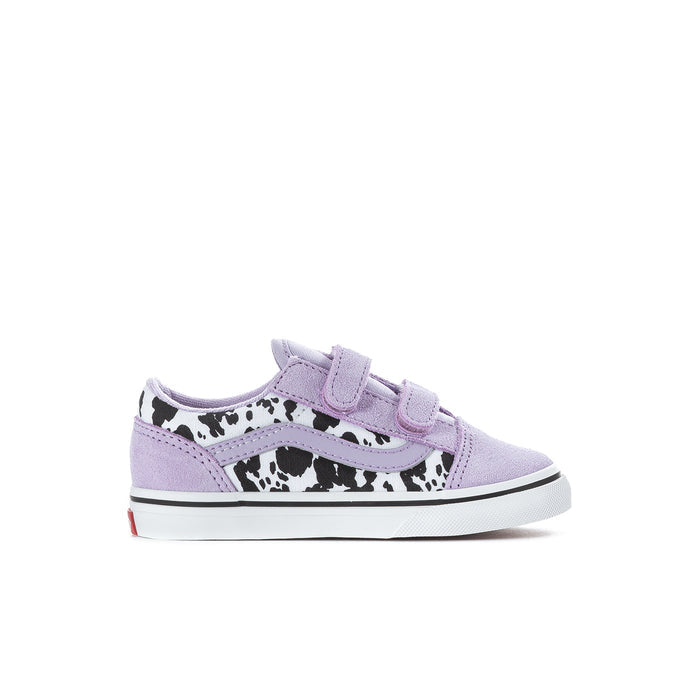 Toddler low-top sneakers in soft purple with cow-print strap and white sole