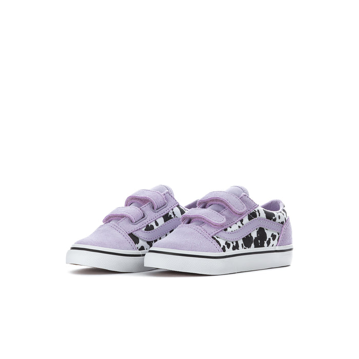 Toddler sneakers in soft purple with two hook-and-loop straps and cow-print panels
