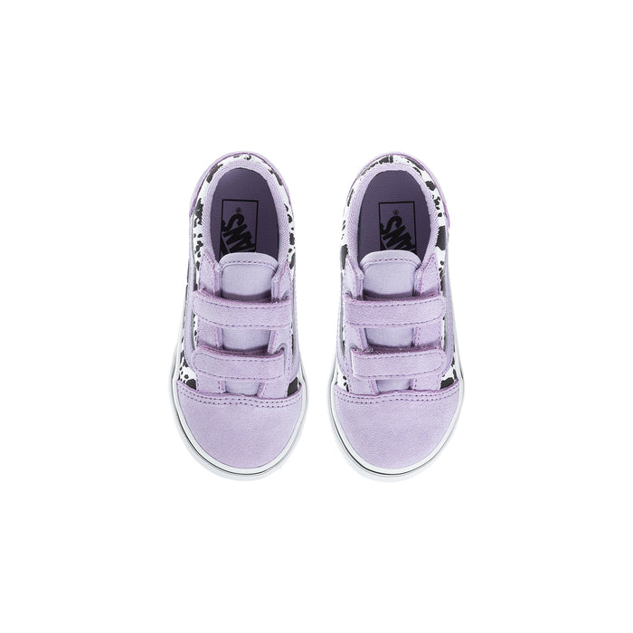 Toddler sneaker pair in soft purple with hook-and-loop closures and cow-print lining