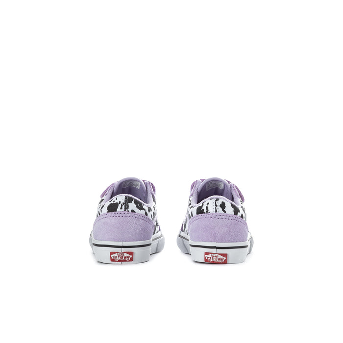 Toddler sneakers back view in soft purple with cow-print heel and white rubber sole