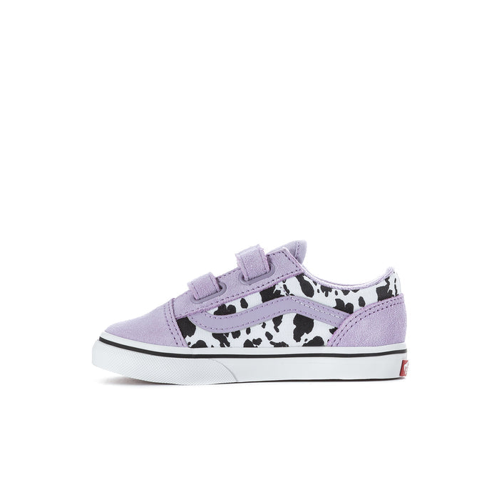 Toddler sneaker side view in soft purple with cow-print detail and hook-and-loop strap