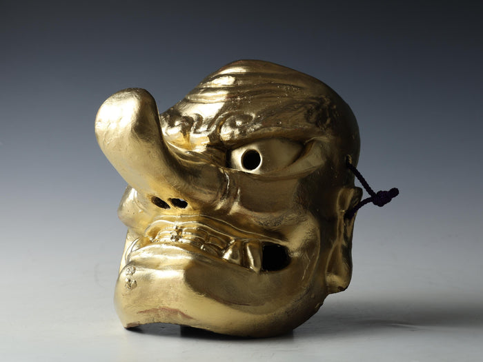 Old Vintage Japanese Golden Paper Clay Noh Mask -Tengu- Braggart  Rare Product