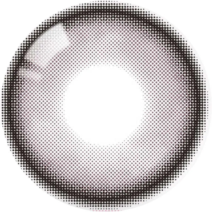 A single Olola Meow Natural Angora Pink contact lens viewed from above features a translucent center and dotted brown-black ring, designed to enhance your iris for a subtle pop—ideal for those wanting the soft look of Olola's bestselling lenses.