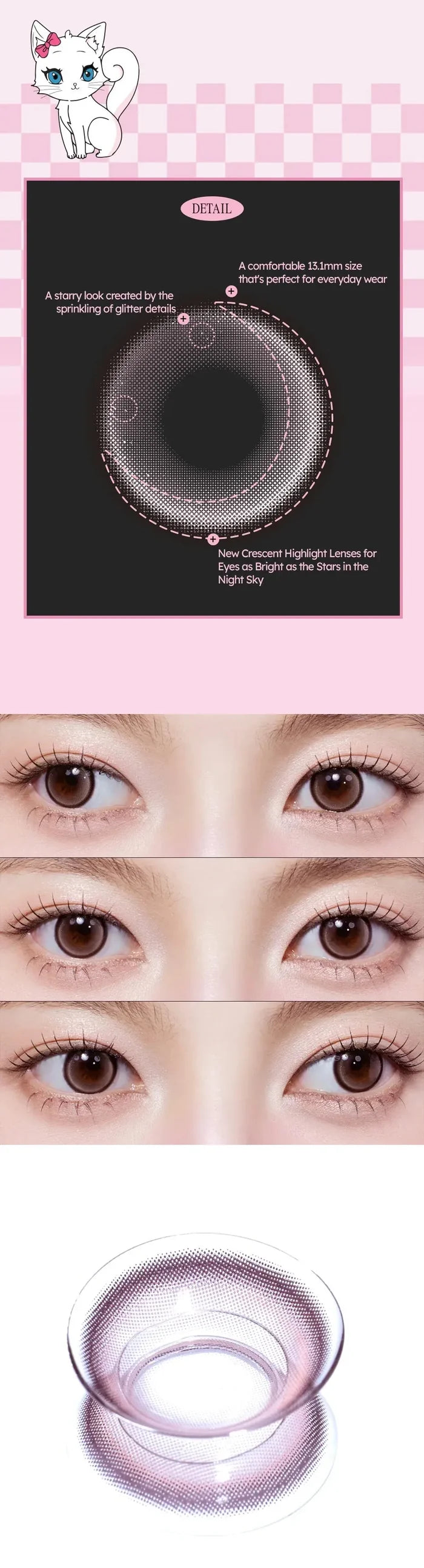 The Olola Meow Natural Angora Pink contacts by Olola feature a starry pattern for a subtle highlight. Measuring 15.1mm, they're comfortable for daily wear. A cute white cat appears at the top, with close-ups of the lens on and off eyes.