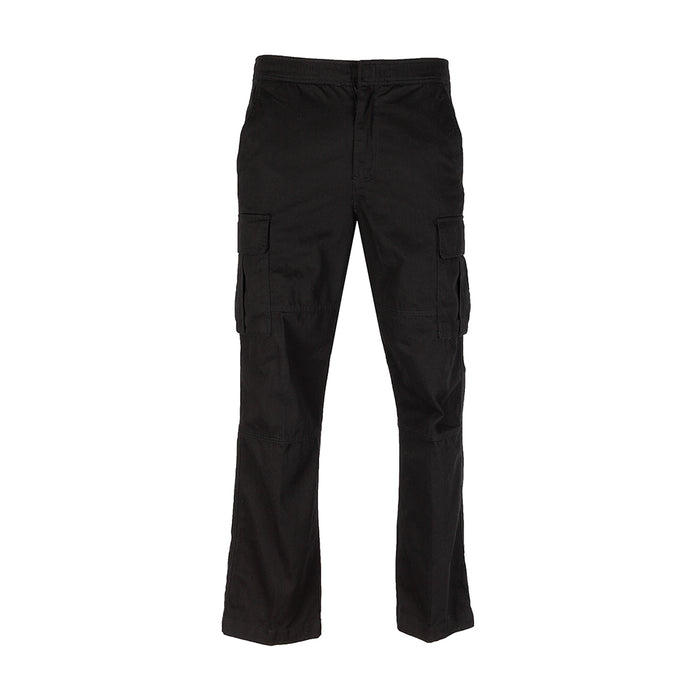 Men's black open-hem cargo pants, zip fly, front hand pockets, cargo side pockets