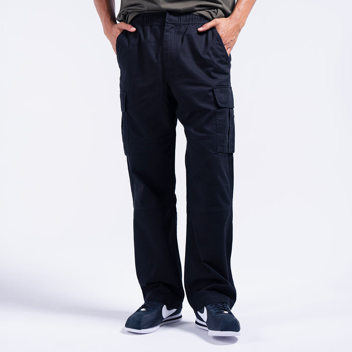 Men's dark open-hem cargo pants with drawstring waist and side cargo pockets