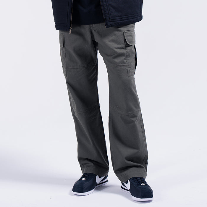Men's dark cargo pants with side cargo pockets and wide straight leg