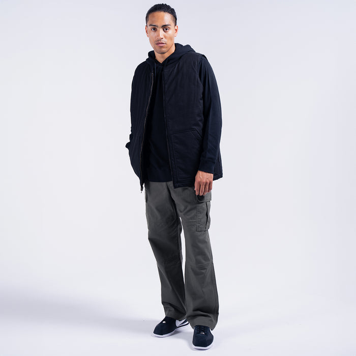 Men's dark cargo pants with cargo pockets and straight wide-leg fit