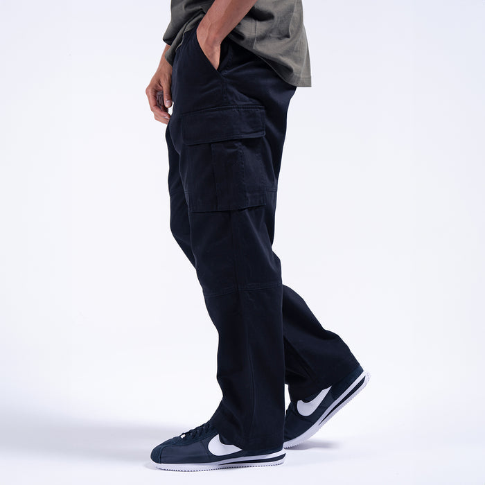 Men's dark open-hem cargo pants with cargo flap pockets and open cuff hem