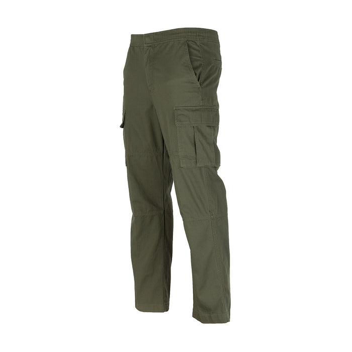 Men's olive cargo pants with flap cargo pockets at thighs and back seam detail