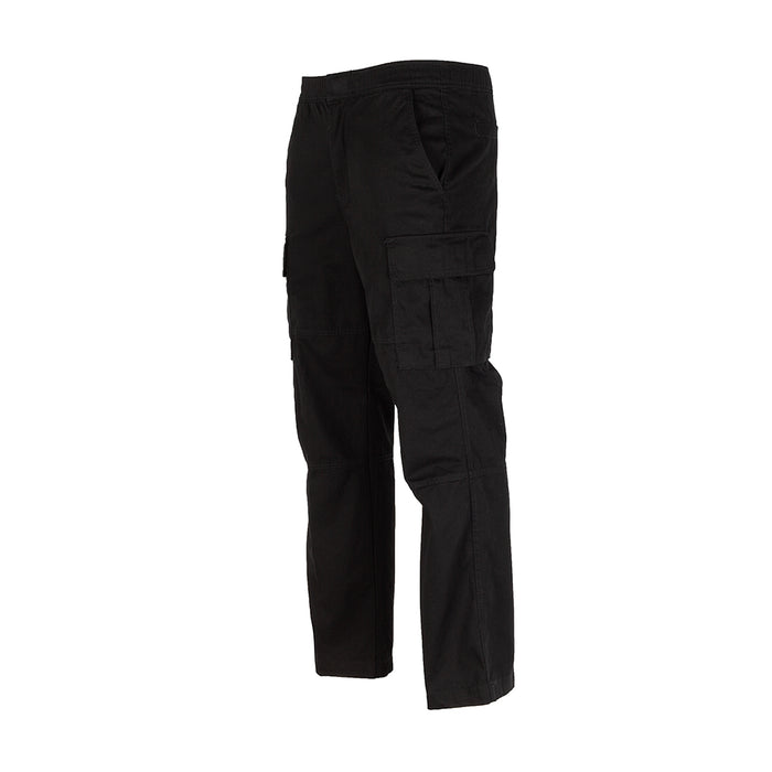 Men's black open-hem cargo pants, back view with two cargo flap pockets