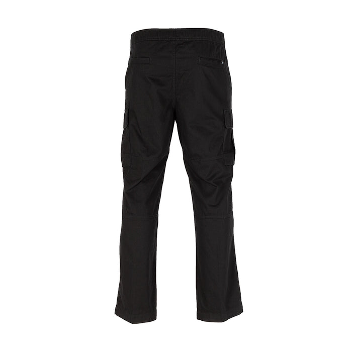 Men's black open-hem cargo pants, back view with cargo flap pockets and seam detailing