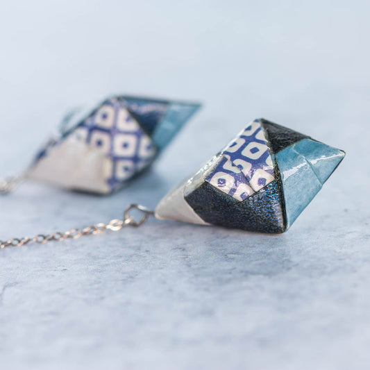 Origami Diamond Paper Earrings - Blue White - By LeeMo Designs in Bend, Oregon