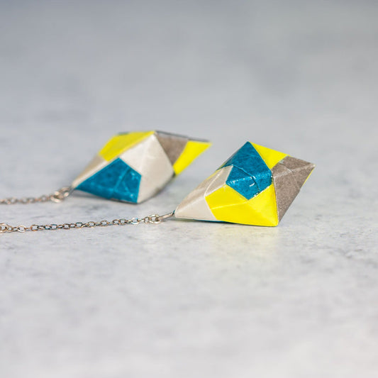 Origami Diamond Paper Earrings - Teal Yellow Gray White - By LeeMo Designs in Bend, Oregon