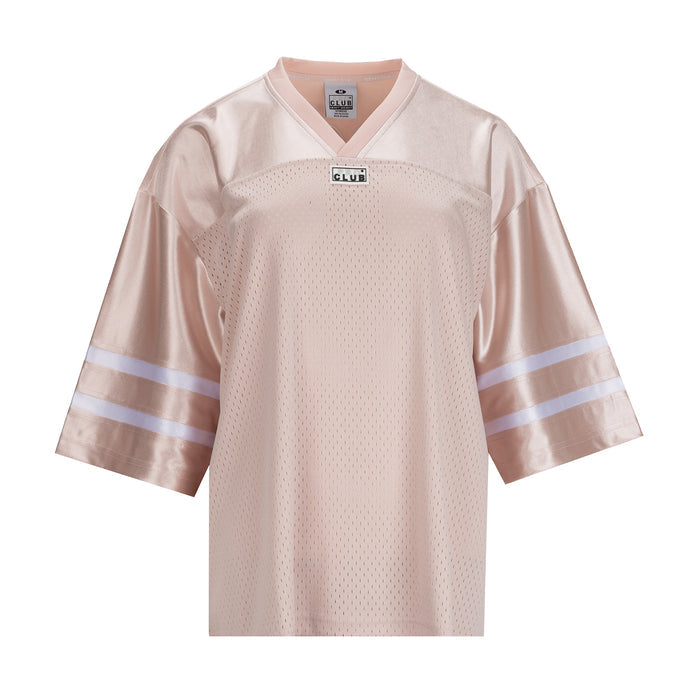 Womens oversized football jersey in sepia rose with V-neck and white sleeve stripes
