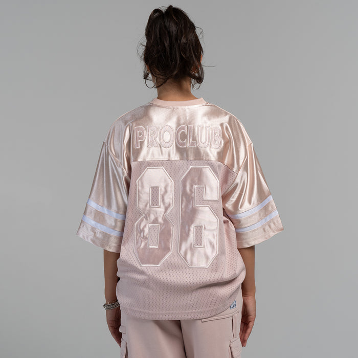 Womens oversized football jersey back in sepia rose with PRO CLUB 06 print and striped sleeves