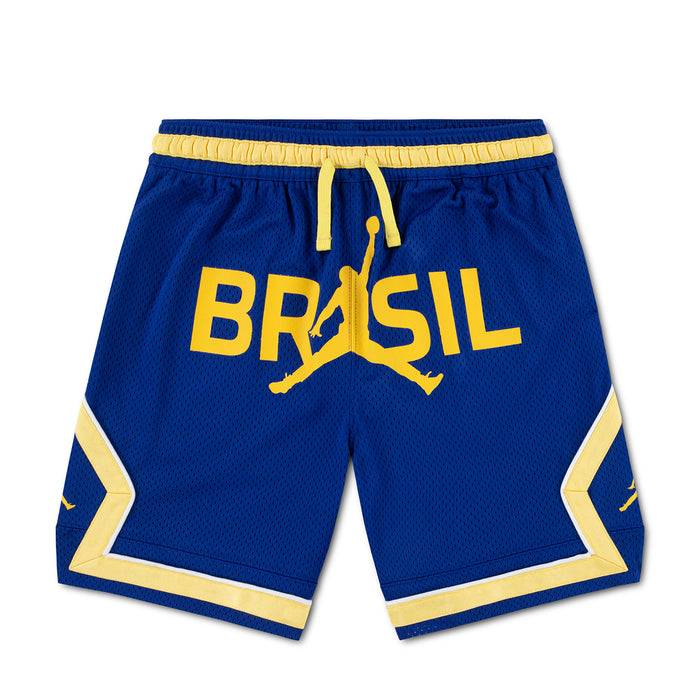 Youth mesh diamond shorts, royal blue with yellow elastic waistband and Brazil graphic