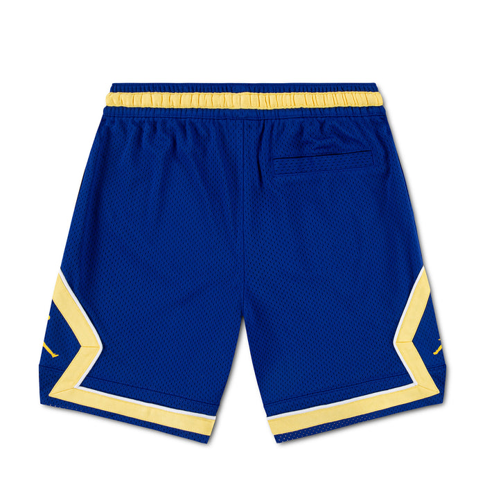 Youth mesh diamond shorts, royal blue with yellow side panels and elastic waistband