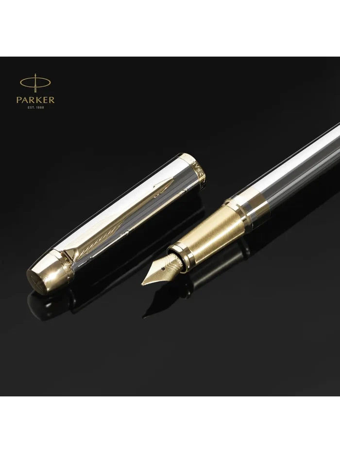 Parker Premium Odyssey Shiny Chrome Gold Trim Fountain Pen Medium Nib