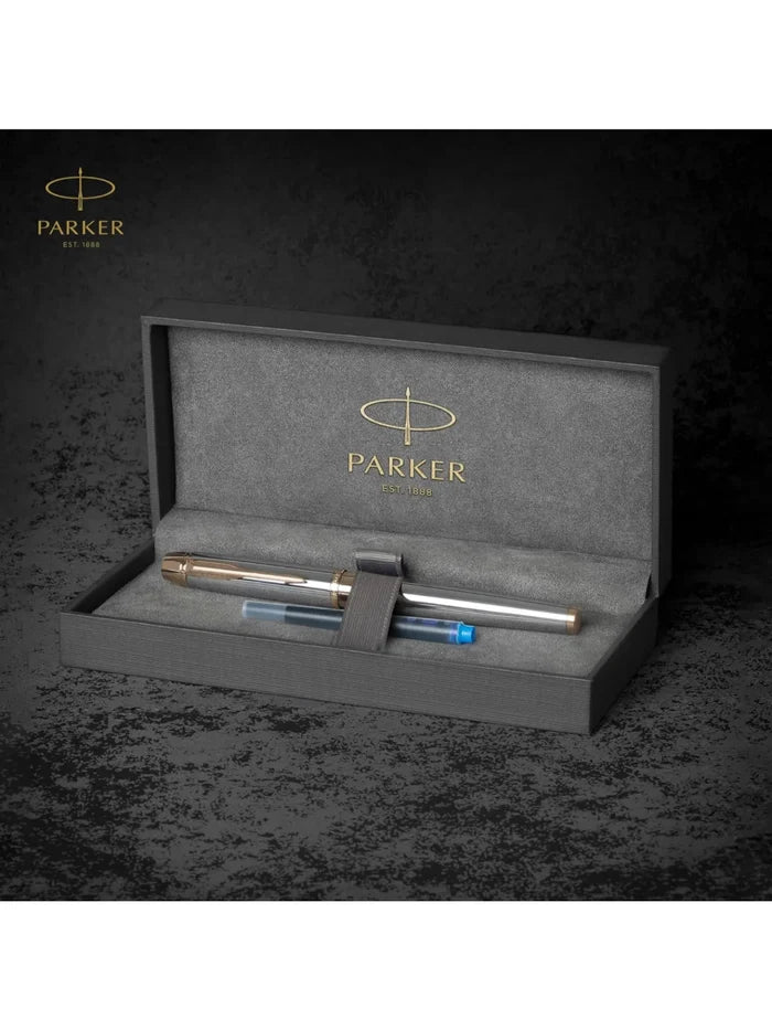 Parker Premium Odyssey Shiny Chrome Gold Trim Fountain Pen Medium Nib