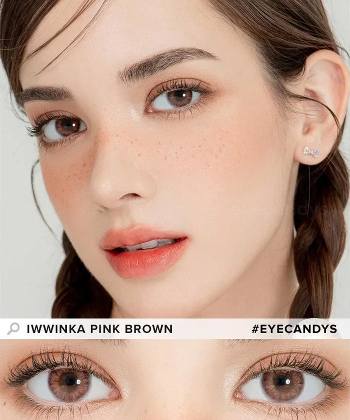 A woman with braided hair and natural makeup wears EyeCandys Peach Fuzz Bundle (5 Pairs) colored contacts, featuring soft brown eyes and peach-toned lips. Close-up highlights the non-prescription lenses. #EYECANDYS.