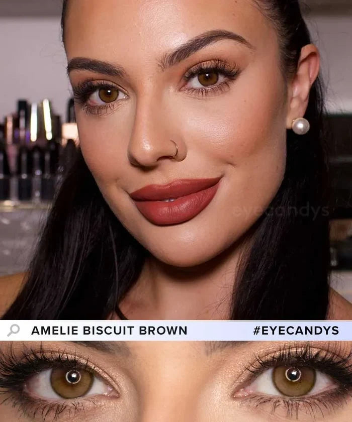 A woman with long dark hair wears natural makeup, bold brows, nude lipstick, and non prescription colored contacts. A close-up shows her eyes with Peach Fuzz Bundle (5 Pairs) by EyeCandys. Text: "EyeCandys Peach Fuzz Bundle.